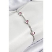 Resim Pirinç Zirkon Taşlı Pembe Kalp Model Gümüş Renk Kadın Bileklik 