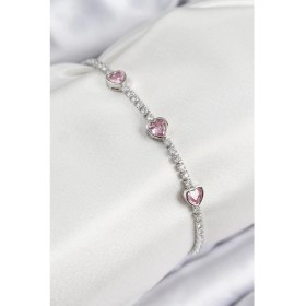 Resim Pirinç Zirkon Taşlı Pembe Kalp Model Gümüş Renk Kadın Bileklik 