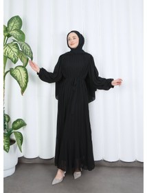 Resim HNT Hayrunnisa Tesettür Boydan Piliseli Kuşaklı Şifon Elbise Siyah HNT8575 