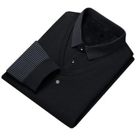 Resim Sonbahar Kış Erkek Kazak Sahte İki Parçalı Yaka Çizgili Slim Fit Kalın Peluş Sıcak Örme Yumuşak Uzun Kollu Kazak Resmi İş Tarzı Orta Yaşlı Siyah 