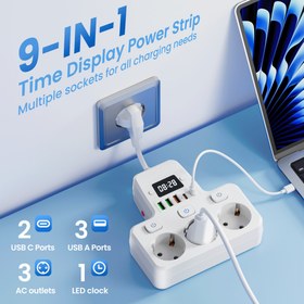 Resim 9’u 1 Arada Priz, 4 USB Port (3 USB-A & 2 USB-C), Zamanlayıcı Fonksiyonlu, Duvara Monte Edilebilir – Ev, Ofis ve Okul İçin Mükemmel 