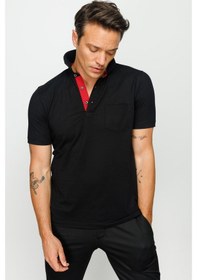 Resim Erkek Polo Yaka Düğmeli Cepli T-shirt Siyah Siyah 