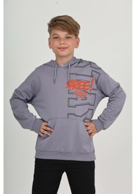 Resim Toontoy Kids Toontoy Erkek Çocuk Oversize Kapüşonlu Cepli Düşük Omuz Baskılı Sweatshirt - 2 İplik Koyu Gri 