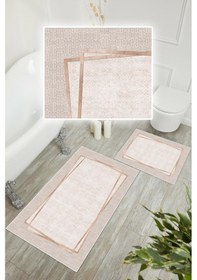 Resim Dijital Baskı Çerçeveli Kaymaz Taban 2li Set Banyo Paspası Klozet Takımı 50x60cm-60x100cm Bej 