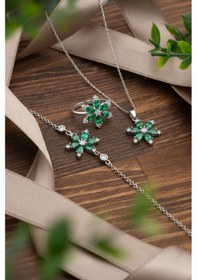 Resim 925 Ayar Zümrüt Taşlı Rodyum Lotus Çiçeği 3'lü Gümüş Set Gümüş 