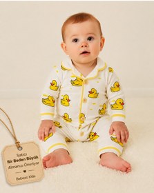 Resim minilovebaby %100 Pamuk Unisex Sarı Ördek Desenli Düğmeli Alt Üst Bebek Pijama Takımı (6-9/9-12/12-18/18-24Ay) 