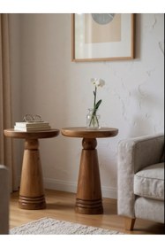 Resim ASELYA HOME Doğal Ahşap 2’li Set Mantar Yan Sehpa Modern Fiskos Zigon Çiçeklik 