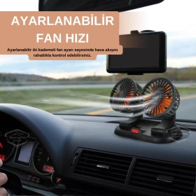 Resim Caralp Üniversal Oto Ofis Araç Içi Torpido Üstü Vantilatör Çift Başlıklı USB Girişli 2 Kademeli Soğutucu Fan 360° Dönebilen Ultra Sessiz Oynar Başlıklı Araç Fanı USB 
