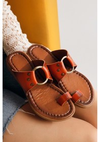 Resim Hakiki Deri Bitania Turuncu Parmak Arası Terlik 001 