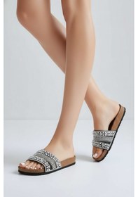 Resim 2232-pien Anatomik Mantar Tabanlı Boncuklu Kadın Terlik Gri 