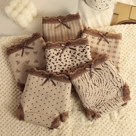 Resim 6 Parça Kadın Orta Bel Külot - Seksi Leopar ve Kaplan Desenli Dantel Detaylı, Nefes Alabilen Yumuşak İç Çamaşırı Maillard Renklerinde (Toprak Tonları), Şık ve Rahat Lingerie, Elastik Bel Bantlı Moda Külotlar 