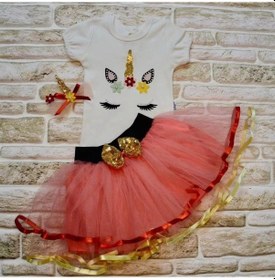 Resim 9-12-18 Ay Payetli Pony Nakışlı Tokalı Kısa Kollu Tütü Etek 3lü Kız Bebek Takımı Nar Çiçeği Nar Çiçeği 