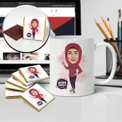 Resim Kırmızı Başörtülü Kadın Karikatürlü Kupa ve Çikolata 