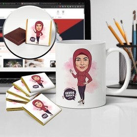 Resim Kırmızı Başörtülü Kadın Karikatürlü Kupa ve Çikolata 