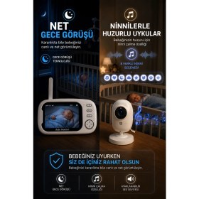 Resim Bebek Kamerası LCD Ekranlı 3.5 Inç Ninni Söyleyen Gece Görüşlü Ağlama Sensörlü Bebek Odası Kamerası 