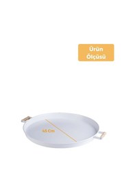 Resim Metal 45 Cm Beyaz Ahşap Kulplu Yuvarlak Tepsi, Kahvaltı Tepsisi, Sunum Tepsisi Beyaz 