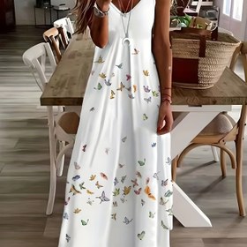 Resim 2024 Trend Kadın V Yaka Kolsuz Elbise - Canlı Mavi Kelebek Desenli, Hafif Esnek, Günlük İlkbahar Yaz Sonbahar Modası, Çiçek Desenli Etek, Akıcı Kumaş, Rahat Kesim 