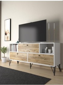 Resim Wood'n Love Mia 160 Cm Metal Ayaklı Tv Ünitesi - Konsol - Beyaz - Atlantik Çam / Siyah 