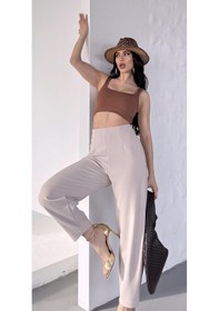 Resim Paw Garage Kadın Bernis Bej Balon Pantolon, Beli Lastikli Şalvar Model Krep Balon Pantolon Basen Gizleyen Taş 