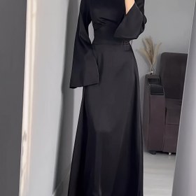 Resim Kadınlar için Şık Uzun Kollu A Kesim Elbise - Bahar/Sonbahar için Düz Siyah Yuvarlak Yaka Uzun Elbise, Günlükten Resmi Giyime Uygun, Elde Yıkanabilir veya Kuru Temizleme, Uzun Kollu Elbiseler, Sonbahar Modası, Pürüzsüz Kumaş 