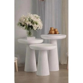 Resim Wood Ahşap Beyaz 3lü Set Mantar Yan Sehpa Fiskos Çiçeklik Decorative 