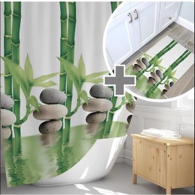 Resim Banyo Paspas Ve Tek Kanat Duş Perdesi 1x180x200 Set Banyo Halısı 10056 Yeşil 