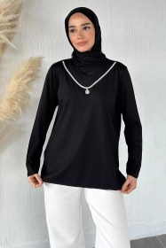 Resim V Yaka Taşlı Tesettür Anne Penye Bluz Siyah TZL-P-00021460 
