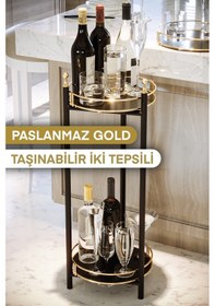 Resim Bino Servis Sunum İkramlık Kek Pasta Standı Sunumluk Lüks Metal Gold 2 Katlı Tepsi Servis Arabası 