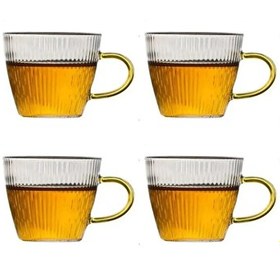 Resim Kitchen Design Lab Dikey Çizgi Tasarımlı Sarı Kulplu Cam 120 ML 4 Adet Türk Kahvesi Fincanı 