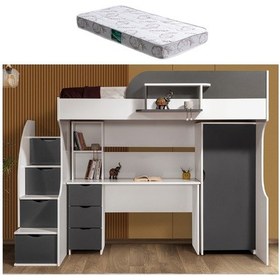 Resim Ranza, Litera Ranza Dolap Çalışma Masası Beyaz - Antrasit + 1 Adet Comfort Yatak 90 x 190 Cm 