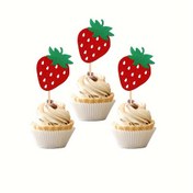 Resim 12 adet Bambu Çilek Cupcake Üstleri, Kırmızı Parıltılı, Elektrik Gerektirmez, Tüysüz, Yaz Meyve Temalı Doğum Günü Parti Kek Süsleri Malzemeleri için 