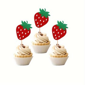 Resim 12 adet Bambu Çilek Cupcake Üstleri, Kırmızı Parıltılı, Elektrik Gerektirmez, Tüysüz, Yaz Meyve Temalı Doğum Günü Parti Kek Süsleri Malzemeleri için 