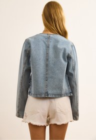 Resim Olalook Kadın Mavi Cepli Bisiklet Yaka Denim Ceket CKT-19000452 