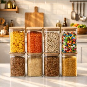 Resim Porsima 4395 8li Kare 1100 Ml Bambu Vakumlu Kapaklı Cam Kavanoz Seti Saklama Kabı 10x15cm Şeffaf 