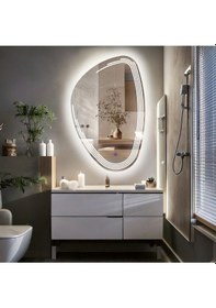 Resim Fractura Asimetrik Led'li Kumlamalı Lavabo & Banyo Aynası Dokunmatik Sensörlü 80 X 50 Cm Beyaz 