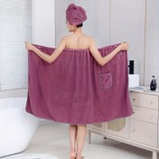 Resim 2 adet Saç Havlusu ile Giyilebilir Banyo Havlusu, Yetişkinler için Kurdeleli Banyo Etek, Cep Detaylı Emici Bornoz, Duş Bonesi ile Kurdele Süslemeli Banyo Havlu Sarma, Banyo Malzemeleri, Sauna Kilti Kadınlar için Spa Sauna Sarma, Banyo Aksesuarları 