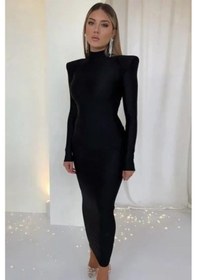 Resim Alenka Vatkalı Uzun Elbise - Siyah Siyah 