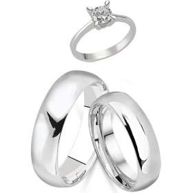 Resim Takı Dükkanı 6 mm Bombeli Gümüş Çift Alyans Söz Nişan Yüzüğü + Tektaş al30 