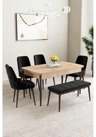 Resim Clara Meşe Desen 80x132 Açılabilir Yemek Odası Takımı 4 Sandalye, 1 Bench Siyah 