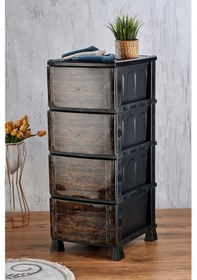 Resim 4 Katlı Çekmeceli Baskılı Ahşap Desenli Kapaklı Plastik Komidin - Sebzelik - Çekmece Siyah 