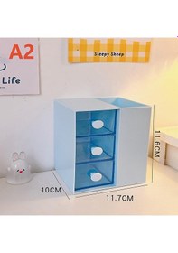 Resim Masaüstü Kalemlik Organizer 7 Bölmeli Kawaii Kapaklı Mini Çekmeceli Kalemlik - Mavi Mavi 