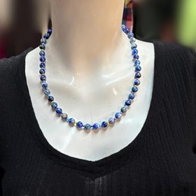 Resim Lapis Lazuli Doğal Taş Kadın Kolye, 52 cm, Lacivert, Kum Boncuklu, El Yapımı Gerdanlık, Yuvarlak 
