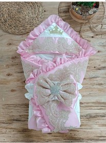 Resim Yenidoğan Grand Lüks Kelebek Ağır Güpür İşlemeli Şapkalı Bebek Battaniyesi Kundak Pembe Çok Renkli 