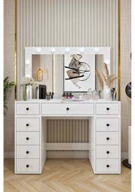 Resim Ases Mobilya Asl54 Hollywood Işıklı Geniş Aynalı Makyaj Masası Bol Çekmeceli Beyaz Beyaz 