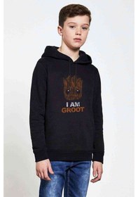 Resim I Am Groot Baskılı Unisex Çocuk Kapüşonlu Siyah Sweatshirt 