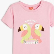 Resim Kız Bebek Tişört Kısa Kollu Bisiklet Yaka Kuş Baskılı Pamuklu 