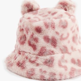 Resim Kız Çocuk Leopar Desenli Kulak Aplikeli Peluş Bucket Şapka 