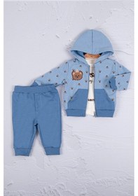 Resim Babydonat Persona Bear Nakışlı Pamuk 3'li Erkek Bebek Takım Mavi 