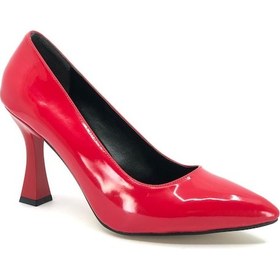Resim Feles Kadeh Topuklu Kadın Stiletto Ayakkabı Kırmızı-Rugan 