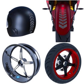 Resim Çınar Extreme Moto Rider 4'lü Sticker Seti Siyah Karbon Fiber Dokulu Iç Dış Jant Şeridi Kask Ve Çamurluk Çınar Ext 